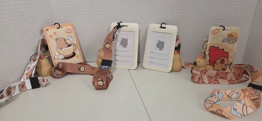 Lot of 12 Capybara Cartoon ID Lanyard Set w/ Badge Holder & Keychain Clip.